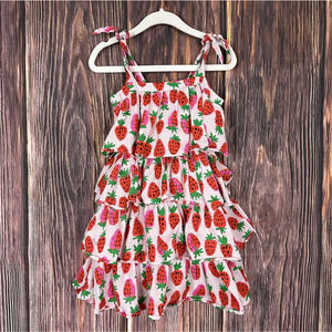 Crewcuts Girls Strawberry Print Ruffle Tiered Dress Pink Red Size 4